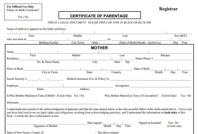 New Jersey Acknowledgment Of Paternity Certificate of Parentage